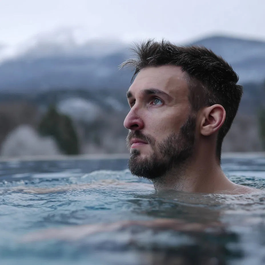Mann mit Haarsystem im Wasser